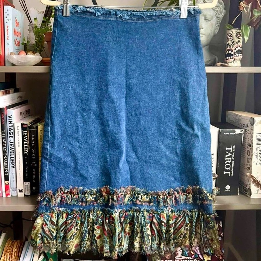 Rampage Vintage Y2K Blue Denim Skirt with Paisley Hem